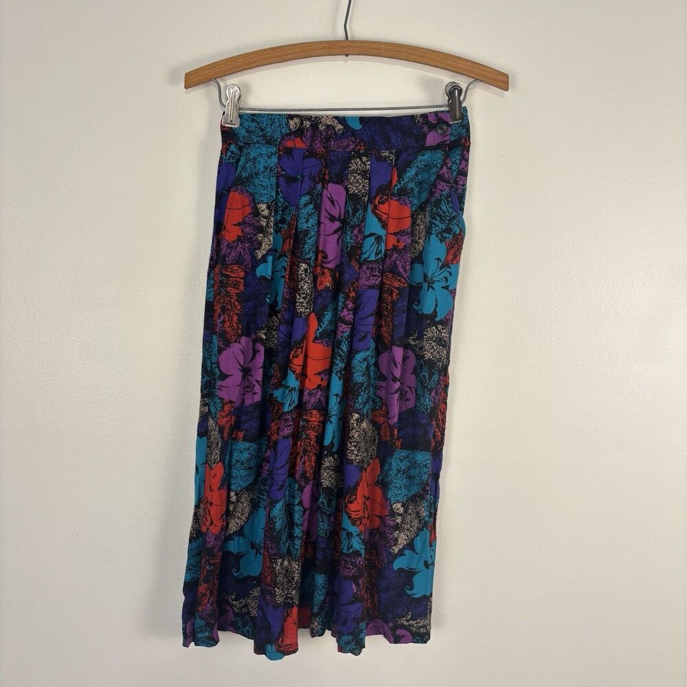 VTG 90s Worthington Womens XS Cottagecore Skirt Tropical Floral Purple Black